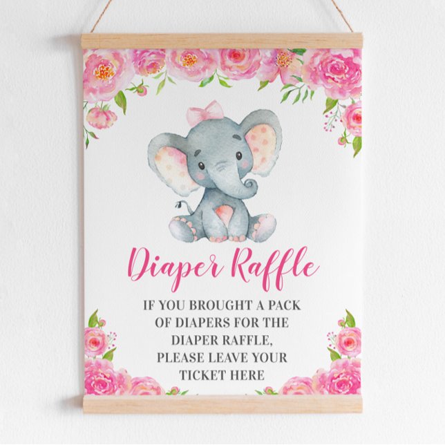 Diaper Raffle Sign Pink Elephant Baby Girl Shower (Creator Uploaded)