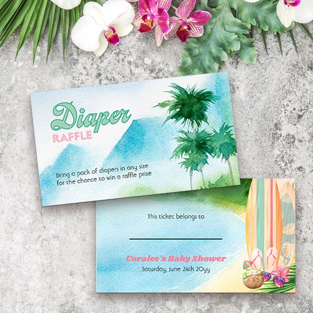Diaper Raffle Surfboards on Beach Baby Shower Enclosure Card (Diaper Raffle ticket with Watercolor beach scene and surfboards from my Surfing Collection)