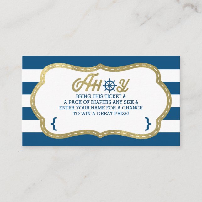 Diaper Raffle Ticket, Ahoy, Nautical, Faux Gold Enclosure Card (Front)