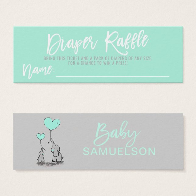 DIAPER RAFFLE Ticket MINT Elephant Baby Shower (Front & Back)