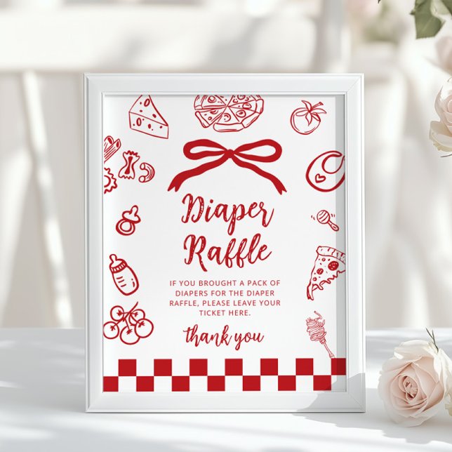 Diaper raffle Whimsical Red Bow Pizza Baby Shower Poster (Creator Uploaded)