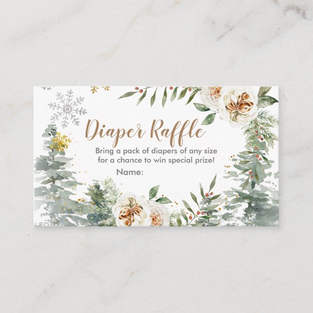 Diaper Raffle Winter White Floral Pine Trees Enclosure Card (Front)