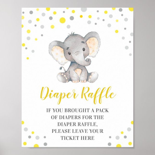 Diaper Raffle Yellow Dots Elephant Baby Shower Poster (Front)