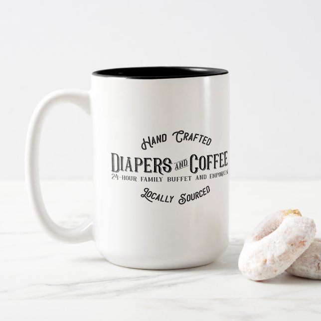 Diapers and Coffee Ironic Funny Retro Restaurant Two-Tone Coffee Mug (With Donut)