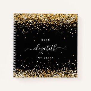 Diary black gold glitter confetti name script notebook