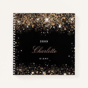 Diary black gold glitter name script notebook