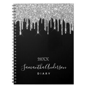 Diary black silver glitter drips name script notebook