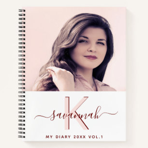 Diary custom photo rose gold white monogram notebook