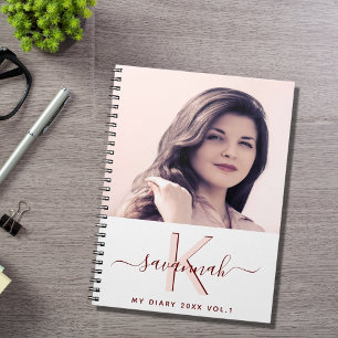 Diary custom photo white rose gold monogram notebook