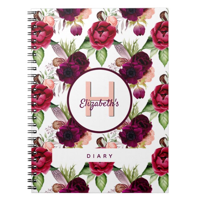 Diary flowers burgundy monogram notebook (Front)