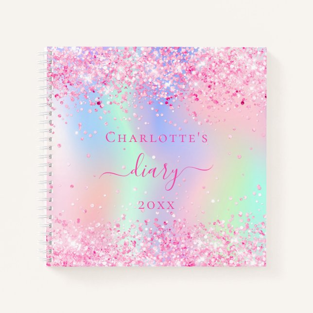 Diary pink glitter holographic name notebook (Front)