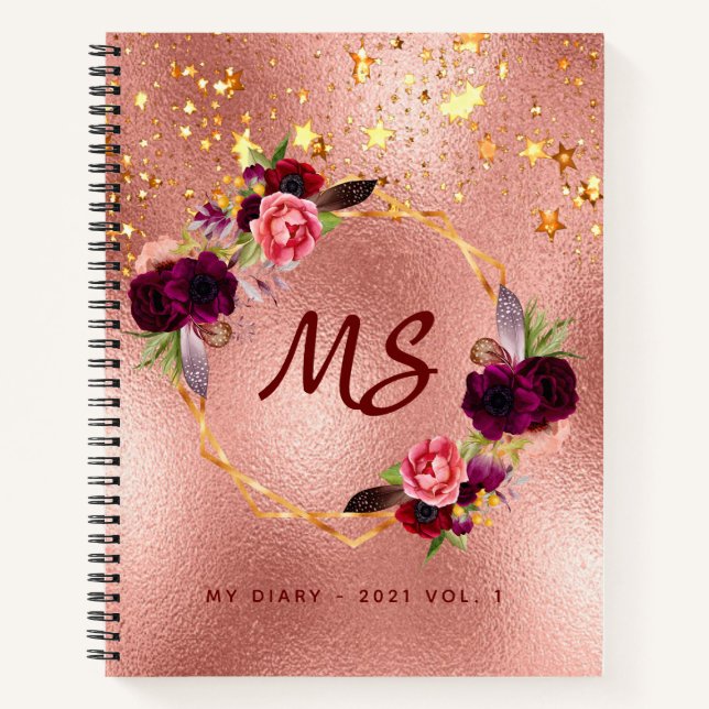 Diary rose gold floral burgundy geometric monogram notebook (Front)