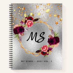 Diary silver gold floral burgundy monogram notebook
