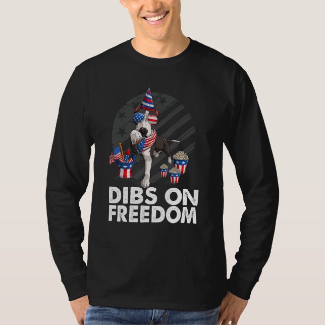 Dibs on Freedom Pit bull 4th of July US Flag Firec T-Shirt (Front)