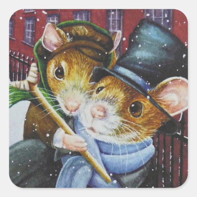 Dickens Christmas Carol Mice Watercolor Art Square Sticker (Front)