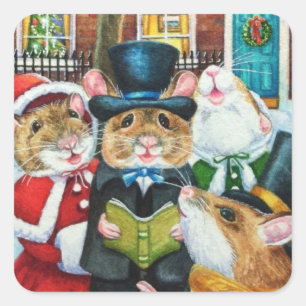 Dickens Christmas Caroling Mice Watercolor Art Square Sticker