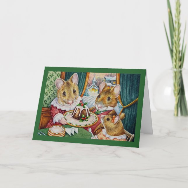 Dickens Christmas Mice Plum Pudding Watercolor Art Card (Front)