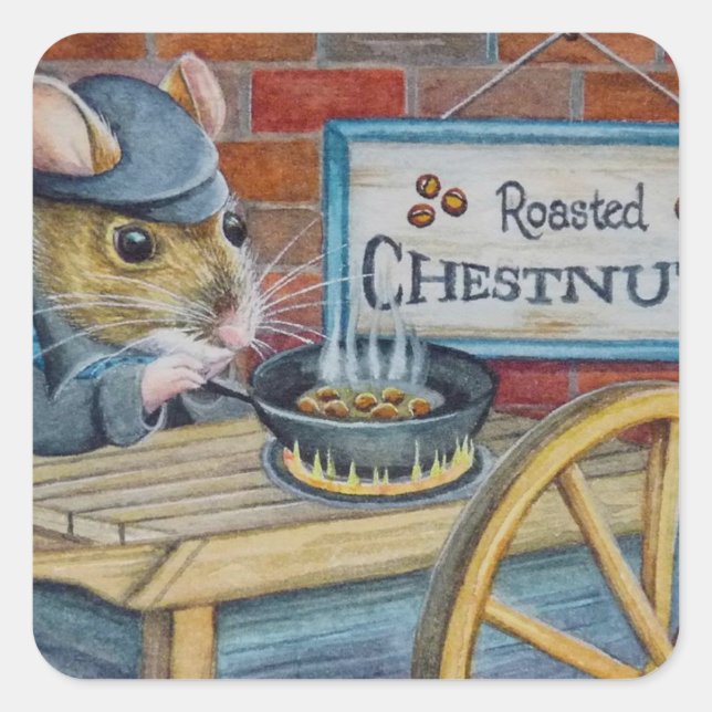Dickens Christmas Mouse Roasting Chestnuts Art Square Sticker (Front)