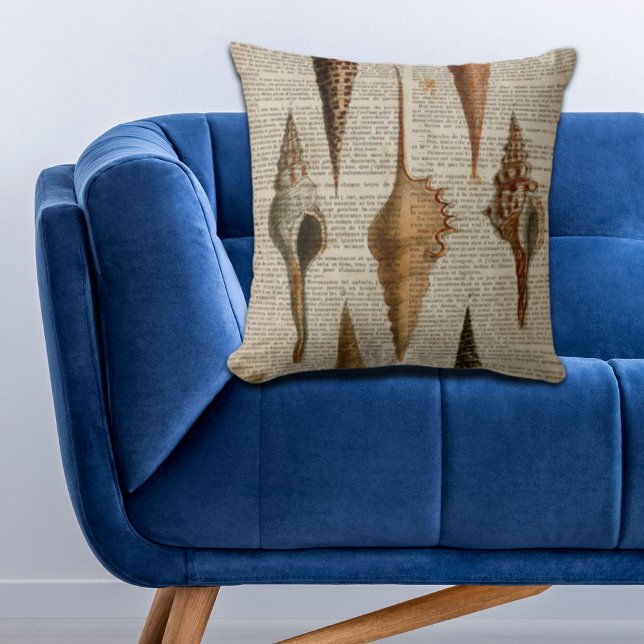 dictionary print french botanical beach seashells cushion (dictionary print french botanical beach seashells throw pillow)