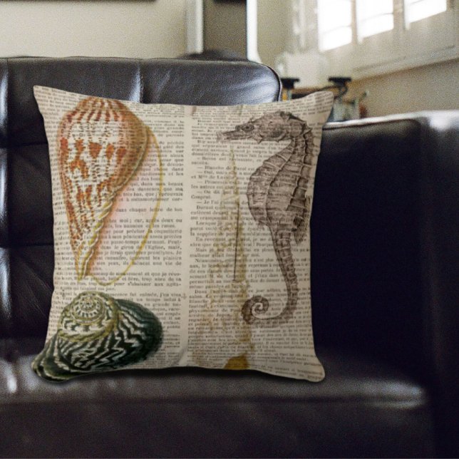 dictionary print french country vintage seashell cushion (dictionary print french country vintage seashell throw pillow)