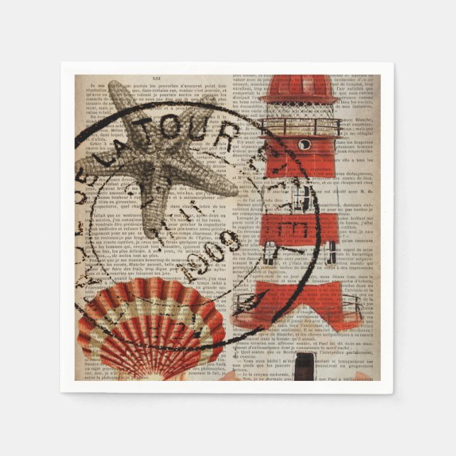 dictionary prints art coastal seashell lighthouse napkin (Front)