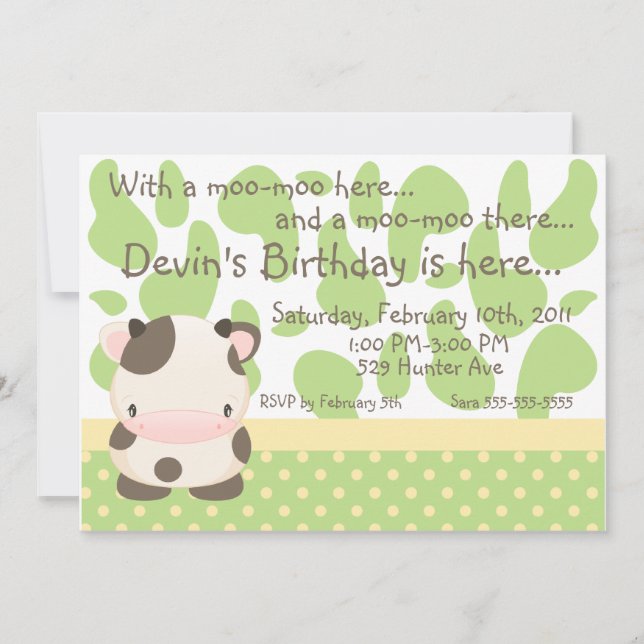 Diddles Farm Moo-Cow Green Birthday Invitation (Front)