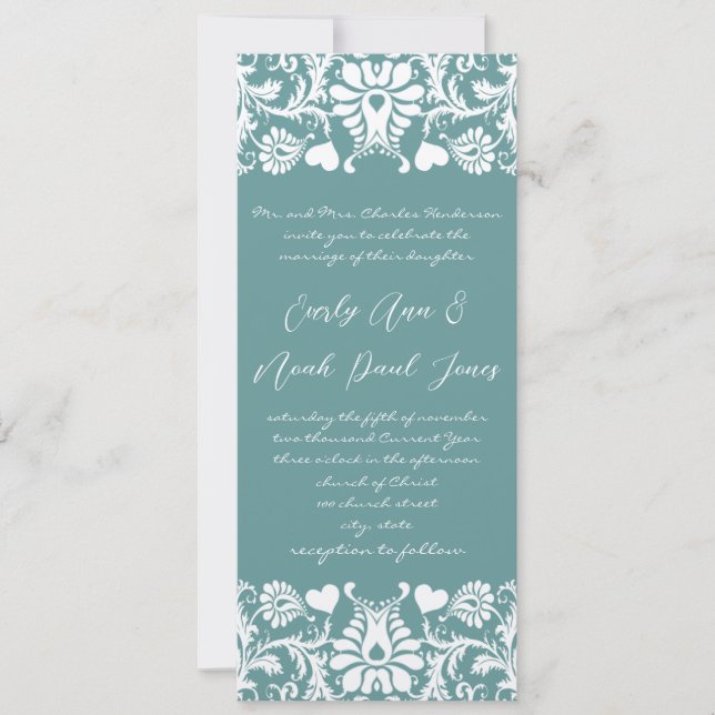 Die Cut Aqua Blue Damask Wedding Invitation (Front)