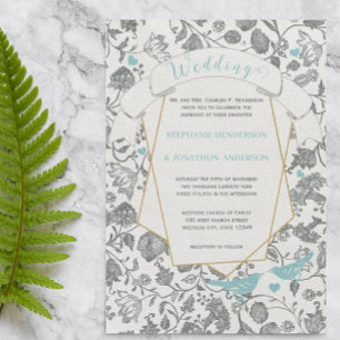 Die Cut Aqua Grey Floral Pattern Love Bird Wedding Invitation