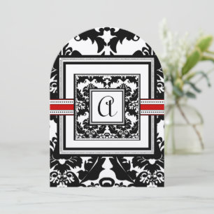 Die Cut Black Damask Red Trim Wedding Invitation