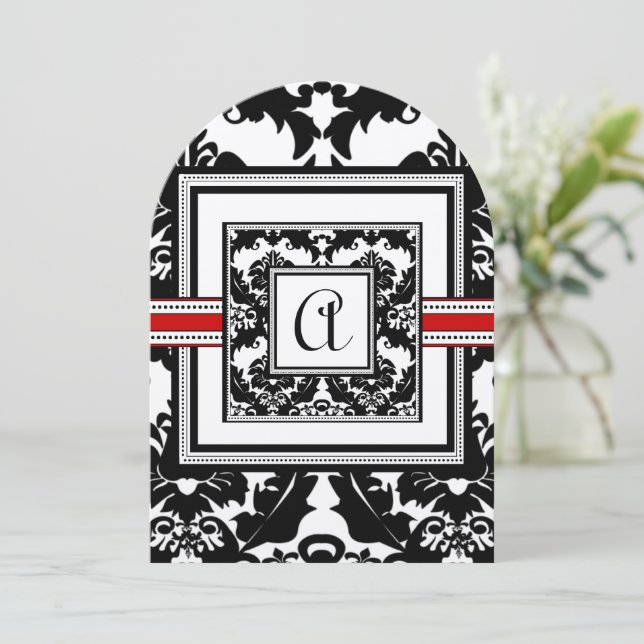 Die Cut Black Damask Red Trim Wedding Invitation (Standing Front)