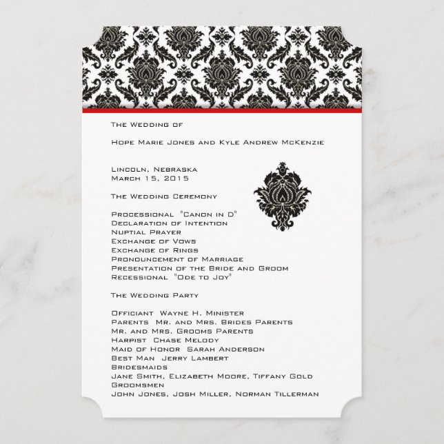 Die Cut Black Damask Red Trim Wedding Program Programme (Front)