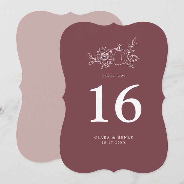 Die Cut Burgundy Pumpkin Sunflower Table Number (Front/Back)