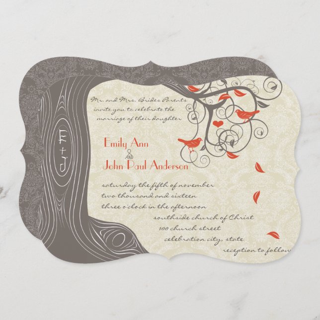 Die Cut Coral Tree Birds Wedding Invitations (Front/Back)