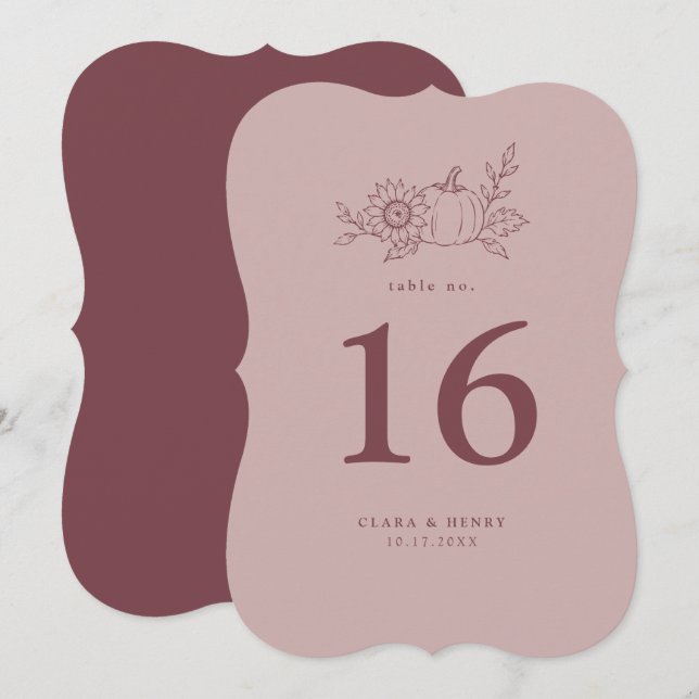 Die Cut Dusty Rose Pumpkin Sunflower Table Number (Front/Back)