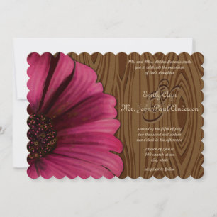 Die Cut Fuchsia Gerber Daisy Wood Grain Wedding Invitation