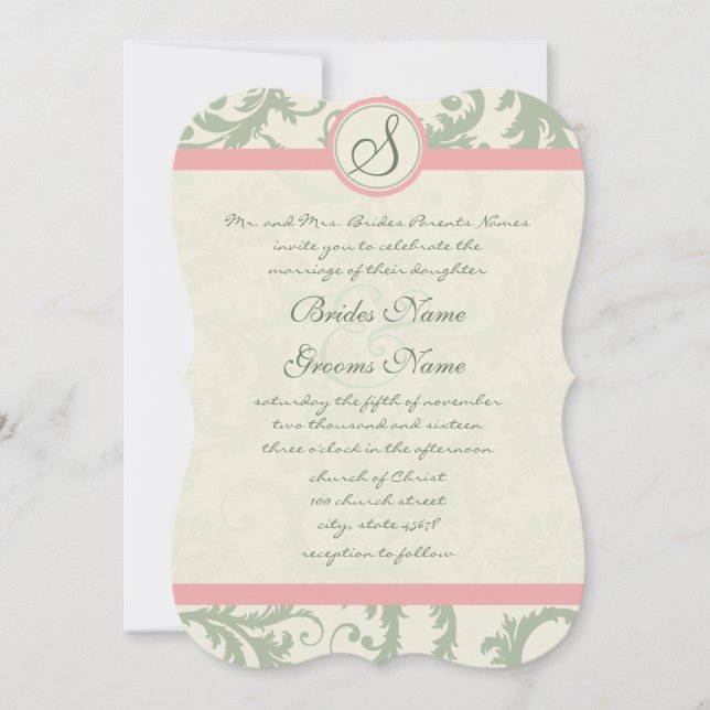 Die Cut Green Dusty Rose Damask Wedding Invitation (Front)