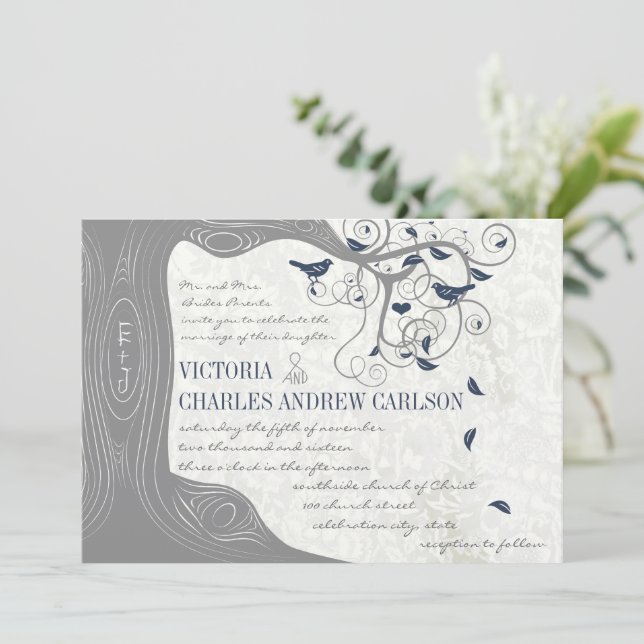Die Cut Grey Navy Love Bird Wedding Invitations (Standing Front)
