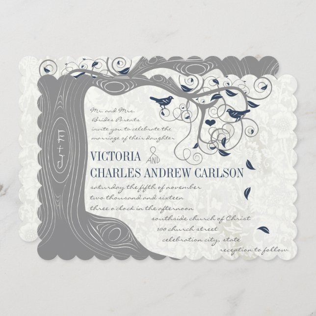 Die Cut Grey Navy Love Bird Wedding Invitations (Front/Back)
