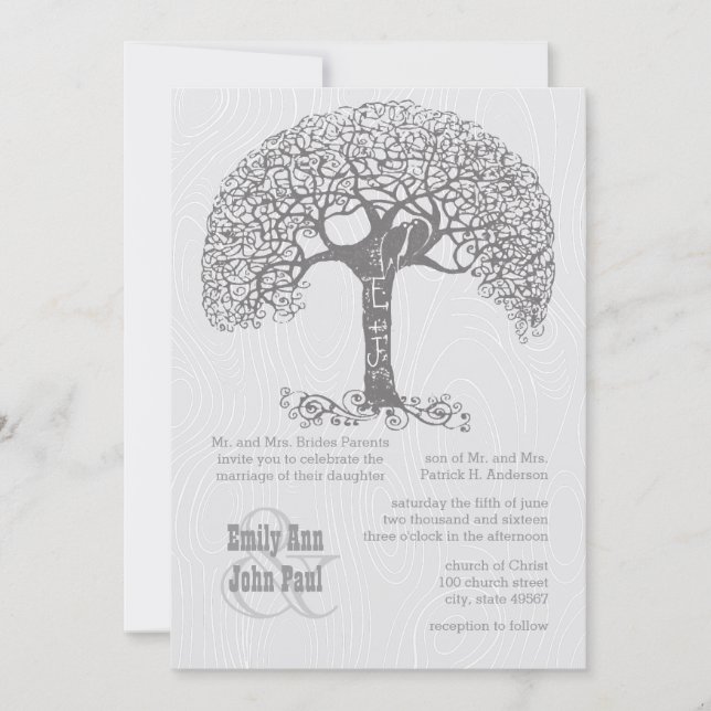 Die Cut Grey Romantic Tree Love Bird Woodgrain Invitation (Front)
