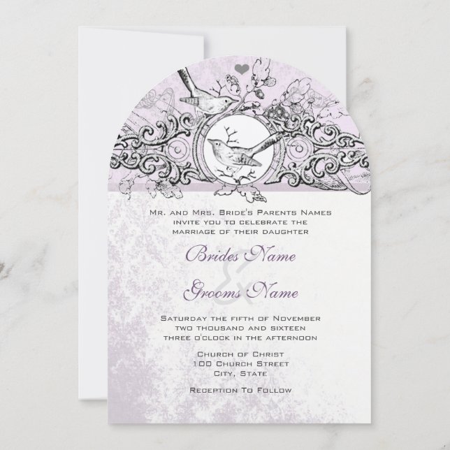 Die Cut Love Bird Lavender Scroll  Wedding Invitation (Back)