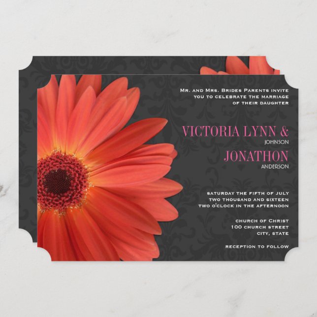 Die Cut Pink Orange Gerber Daisy Wedding Invitation (Front/Back)