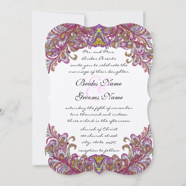 Die Cut Raspberry Paisley Wedding Invitations (Front)