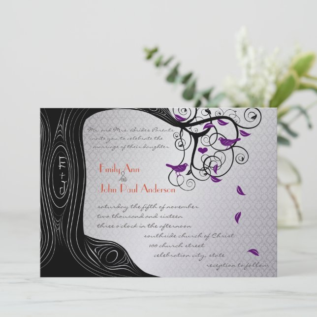 Die Cut Tree Silver Purple Bird Wedding Invitation (Standing Front)