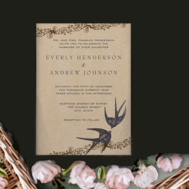 Die Cut Vintage Love Birds Navy Wedding Invitation (Creator Uploaded)