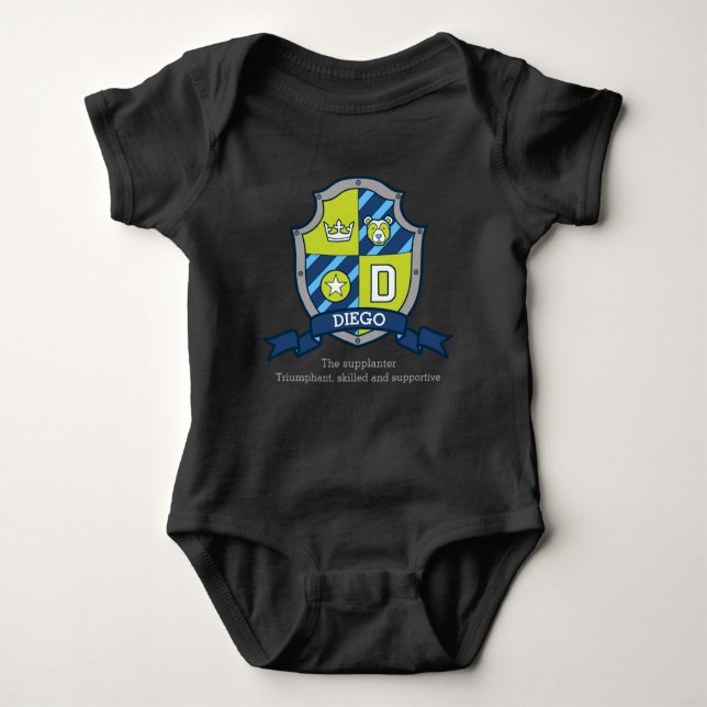 Diego boys D name & meaning knights shield Baby Bodysuit (Front)