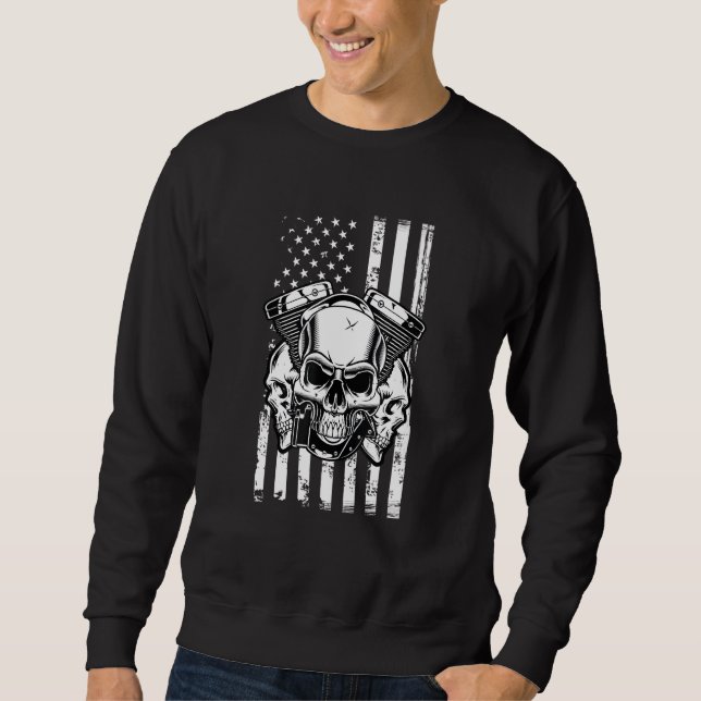 Diesel Mechanic Car Fixing American Flag Skull Sweatshirt (Front)