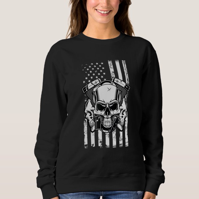 Diesel Mechanic Car Fixing American Flag Skull Sweatshirt (Front)