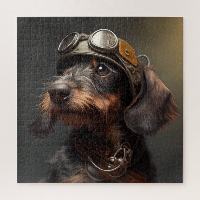Dieselpunk Wirehaired Dachshund Steampunk Goggles Jigsaw Puzzle (Vertical)