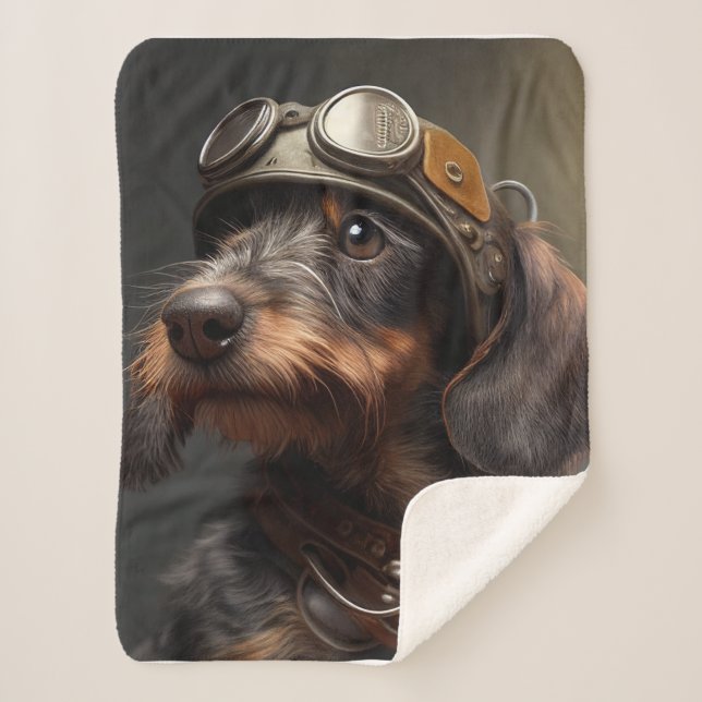 Dieselpunk Wirehaired Dachshund Steampunk Goggles Sherpa Blanket (Front)