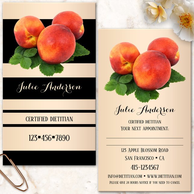 Dietician Nutritionist Appointment Business Card (Nutritionist business card featuring a striped design in black and light rose gold with peaches)